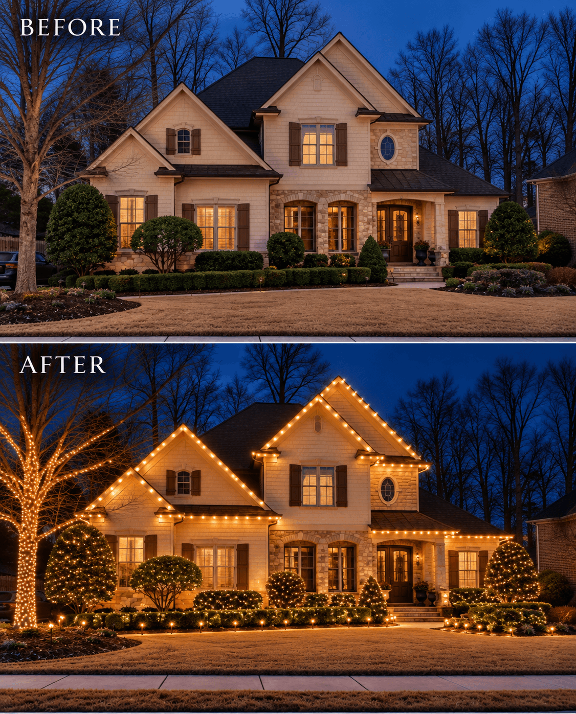 Before and after a holiday lighting installation by Elite Lighting Atlanta