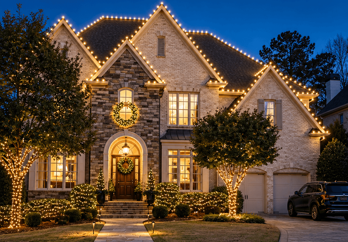 A home professionally lit for the holidays by Elite Lighting Atlanta